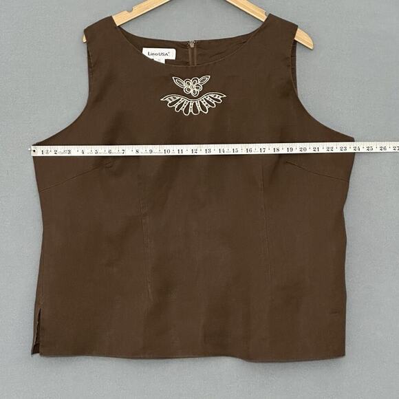 Lino USA Womens Top Plus 1X Brown 100% Linen 2 Piece Embroidered Classic Clasual - Picture 7 of 16